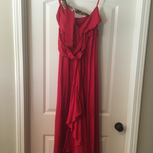 Red Silk One Shoulder BCBG Floor Length Gown - Picture 6 of 6